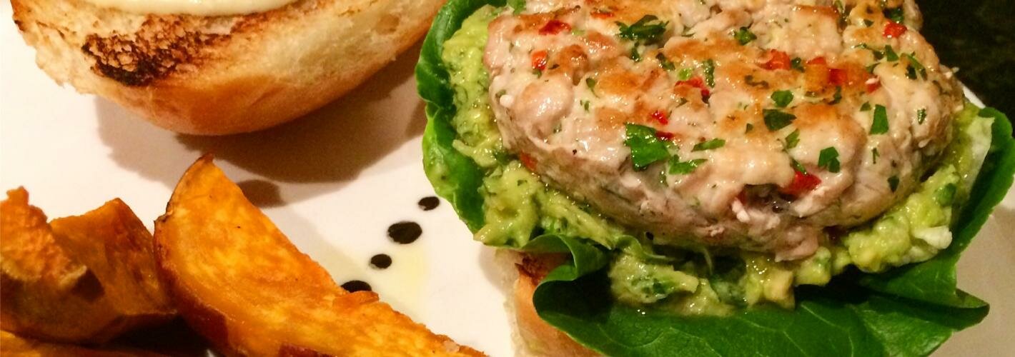 Tuna Burger with Sweet Potato Wedges banner image